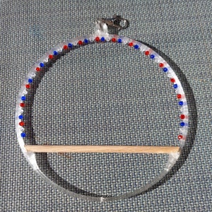 May include: Clear acrylic bird toy with red and blue beads around the perimeter. A natural wood perch is attached at the bottom. A silver-colored clasp is at the top for hanging.