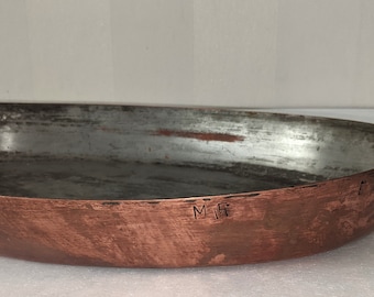 Große ovale Kupfer 39cm Gratin-Bratpfanne geprägt Made in France von mattfer Verzinnt ausgekleidet professionelle Pfanne mit Bronzegriffen 1.860 kg