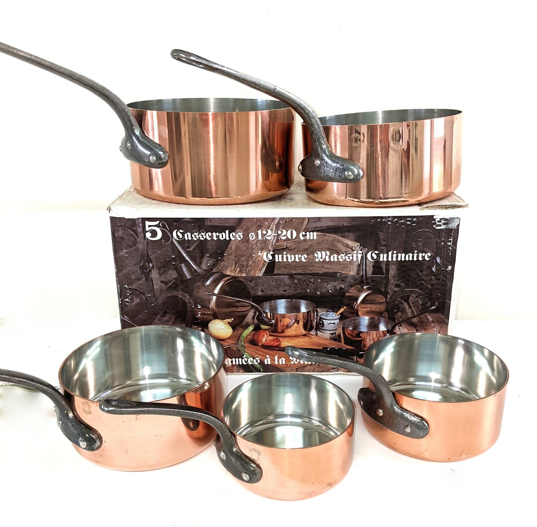 Set 5 French Copper SAUCEPANS Fabrication Francaise 14.06 Lbs. Iron