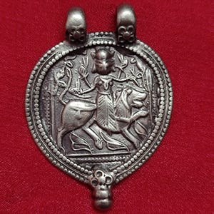 Vintage 1980s Pendant Handmade High Grade Sterling Silver Rajasthan Tribal Hindu Warrior Lion Riding Mahavidhya Goddess Maa Durga Pendant.
