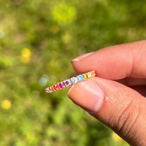 Colorful Tennis Ring, Rainbow Jewelry, Dainty Multicolor Ring, 925 Silver Ring, 2 mm Silver Tennis Ring, Minimalist Everyday Jewelry