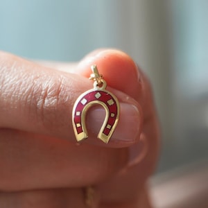 14K Solid Gold Horseshoe Charm, Dainty Gold Pendant, Enamel Necklace, Gold Lucky Charm, Equestrian Charm, Handmade Jewelry