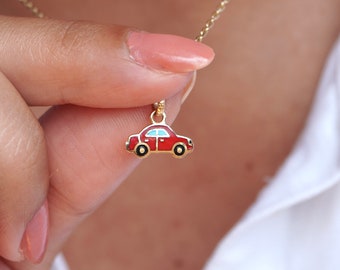 14K Solid Gold Red Car Charm, Dainty Gold Pendant, Enamel Necklace, Retro Car Charm, Classic Car Pendant, Handmade Jewelry, Memory Necklace
