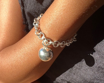 Chunky Silver Globe Bracelet, Handmade Sterling Silver Bracelet, Bracelet with Ball Charm