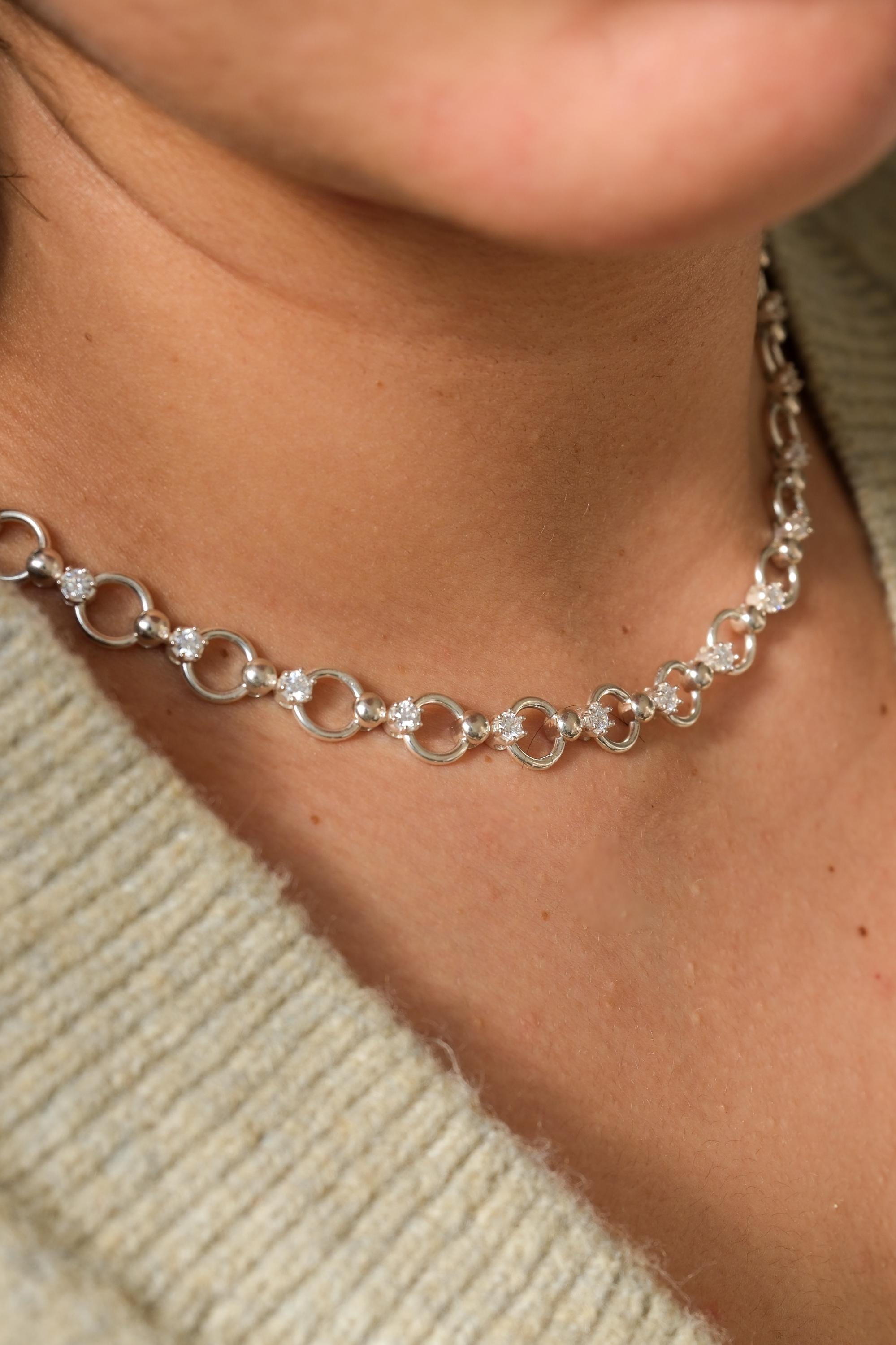 Handmade Silver Necklace with Sparkling Zircon Stones, Statement Silver Chain Necklace, Timeless Jewelry