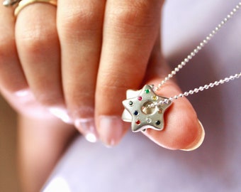 Puffy Star Charm with Rainbow Stones, Vintage Puffy Star Charm, Solid Silver Puffy Star Pendant, Twinkle Star, Star Charm, Minimalist Jewel