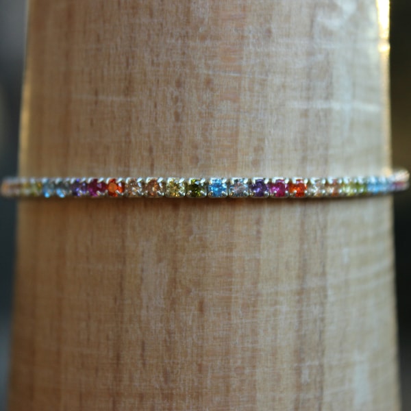 Colorful Tennis Bracelet, Rainbow Jewelry, Dainty Multicolor Bracelet, 925 Silver Bracelet, 2 mm Silver Tennis Bracelet, Minimalist Jewelry