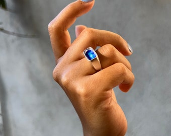 Rechteckiger Siegelring mit blauer Emaille, Handgemachter geometrischer Silberring, Ozean Ring, Sterling Silber Blauer Emaille Siegelring, Basic Schmuck