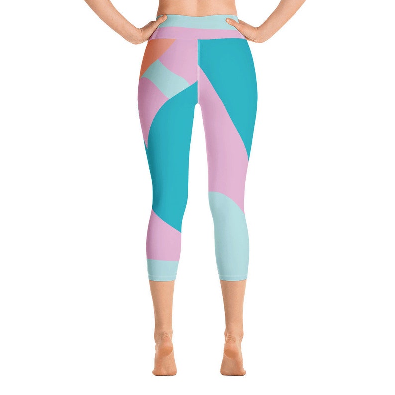 Capri length Printed yoga leggings High waisted Pastel mint design