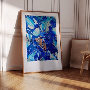 Arte abstrata azul grande - Impressão de arte abstrata azul em negrito - Pôster de arte abstrata azul grande de borboleta boho para impressão de pinceladas de arte