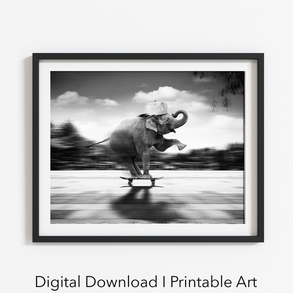 Elephant Riding Skateboard Photography | Surreal Photography | Skateboard Photography | Whimsical Photography | Instant Digital Download