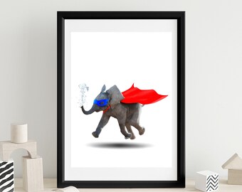 Superhero Elephant Print | Elephant Nursery Print | Animal Art | Safari Room Décor | Superhero Print | Kid’s Room Décor | Elephant Wall Art