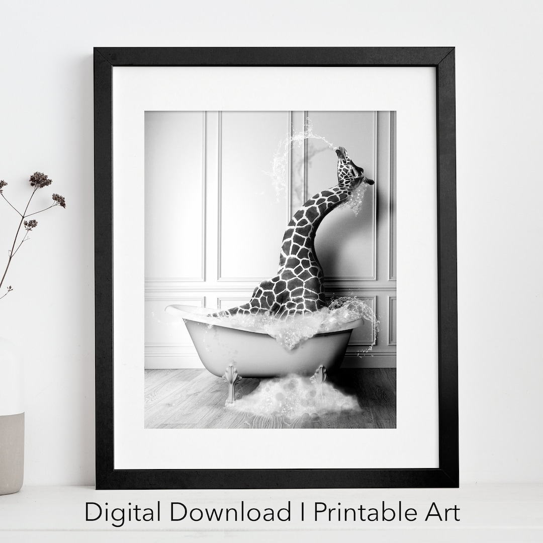 Cute Giraffe in Tub Printable Wall Art | Giraffe Photo | Giraffe Art | Bathroom Art Print | Digital Download