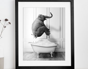 Gelukkige olifant in badkuip afdrukbare muurkunst | Olifant Foto | Olifant kunst | Badkamer kunstprint | Digitale download | zwart en wit