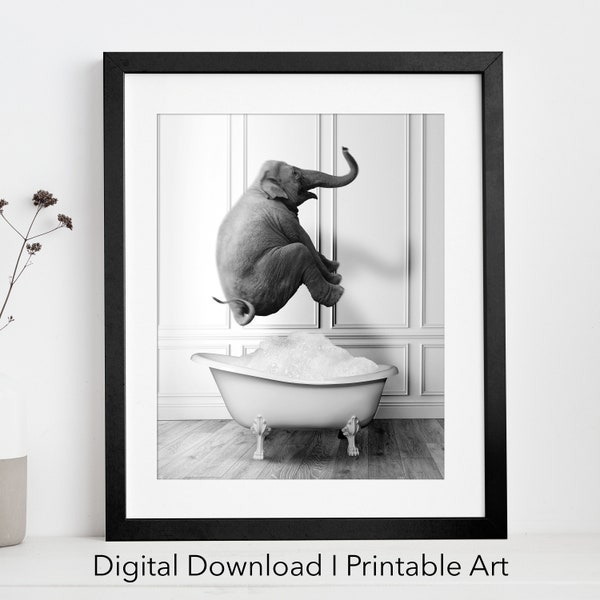 Glücklicher Elefant in Wanne druckbare Wandkunst | Elefant-Foto | Elefant Kunst | Badezimmer Kunstdruck | Digitaler Download | schwarz und weiß