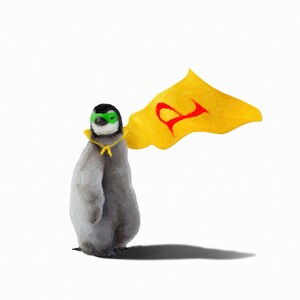 May include: A penguin wearing a yellow cape with a red letter 'A' on it and green eye mask. The penguin is standing on a white background.