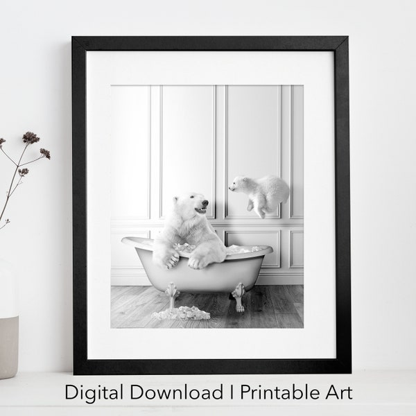 D’adorables ours polaires dans une œuvre d’art imprimable en baignoire | Téléchargement instantané | Empreinte d’ours polaire | Impression d’art de salle de bain | Noir et blanc