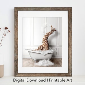 Adorable giraffe in Tub Printable Wall Art | giraffe Photo | giraffe Art | Bathroom Art Print | Digital Download