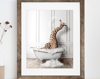 Adorable giraffe in Tub Printable Wall Art | giraffe Photo | giraffe Art | Bathroom Art Print | Digital Download