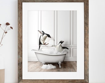 Adorable penguins in Tub Printable Wall Art | penguin Photo | penguin Art | Bathroom Art Print | Digital Download