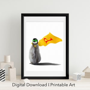 May include: A printable art print featuring a cartoon penguin wearing a yellow cape with a red letter 'P' and green goggles. The penguin is standing on a white background.