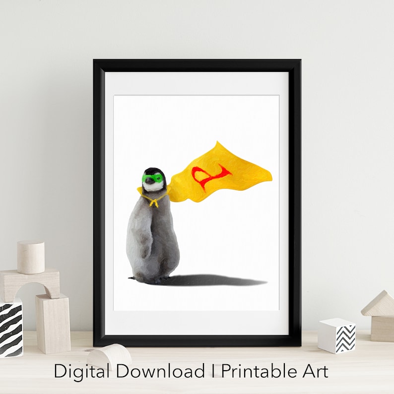 May include: A printable art print featuring a cartoon penguin wearing a yellow cape with a red letter 'P' and green goggles. The penguin is standing on a white background.
