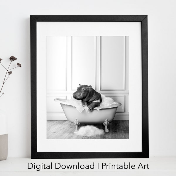 Adorable hippo in Tub Printable Wall Art | hippo Photo | hippo Art | Bathroom Art Print | Digital Download | Black and white print