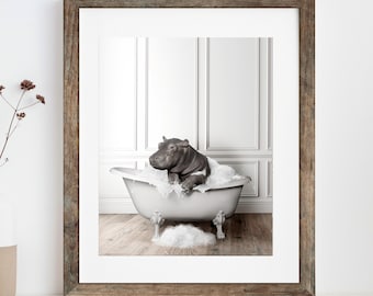 Adorable hippo in Tub Printable Wall Art | hippo Photo | hippo Art | Bathroom Art Print | Digital Download | Color print