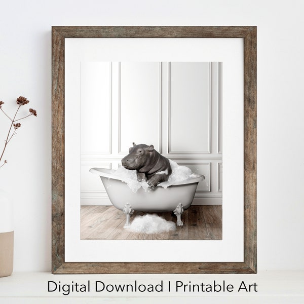 Adorable hippo in Tub Printable Wall Art | hippo Photo | hippo Art | Bathroom Art Print | Digital Download | Color print