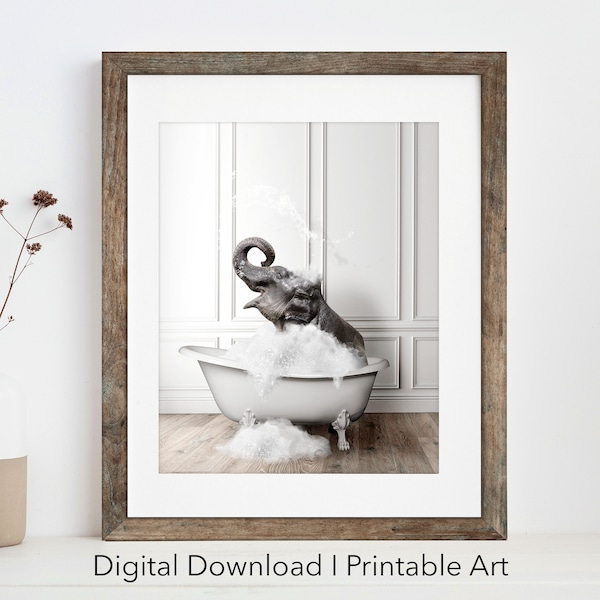 Adorable Elephant in Tub Printable Wall Art | Elephant Photo | Elephant Art | Bathroom Art Print | Digital Download