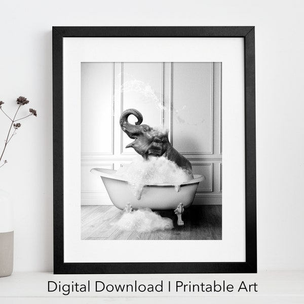 Cute Elephant in Tub Printable Wall Art | Elephant Photo | Elephant Art | Bathroom Art Print | Digital Download