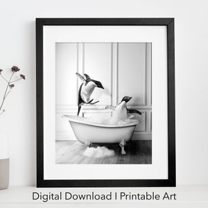 Schattige pinguïns in kuip afdrukbare muurkunst | pinguïn Foto | pinguïn Kunst | Badkamer kunstprint | Digitaal downloaden