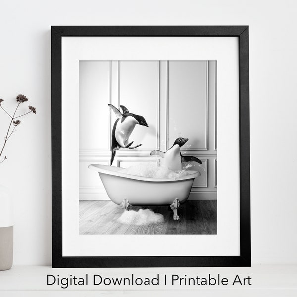 Art mural imprimable pingouins adorables dans une baignoire | pingouin | pingouin | Impression d'art de salle de bain | Téléchargement numérique