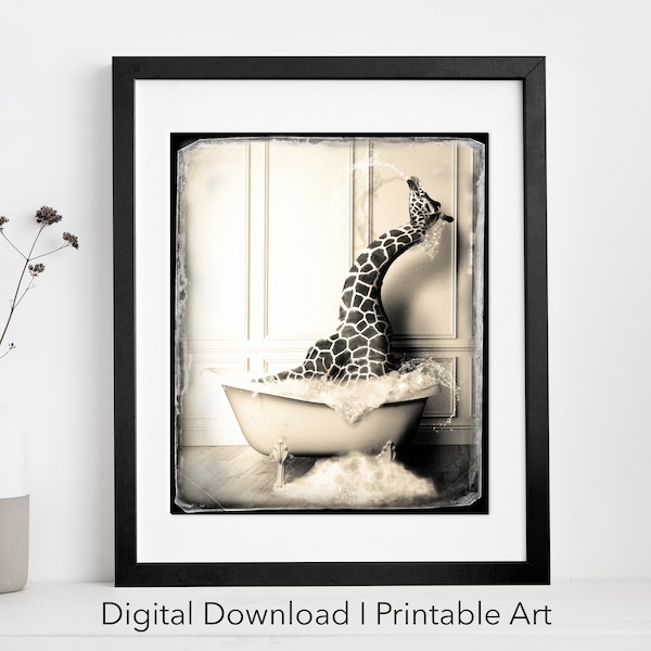 Cute Giraffe in Tub Printable Wall Art | Vintage Art |  Giraffe Photo | Giraffe Art | Bathroom Art Print | Digital Download