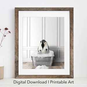 Cute Penguin Family in Vintage Bathtub printable Art, Instant Download, Bathroom decor, Nursery Decor, whimsical print
