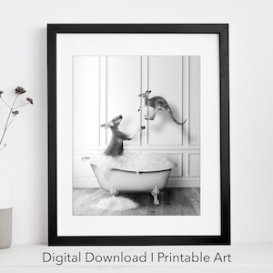 Cute Kangaroos in Tub Printable Wall Art | Kangaroo Photo | Kangaroo Art | Bathroom Art Print | Digital Download | Black and white print