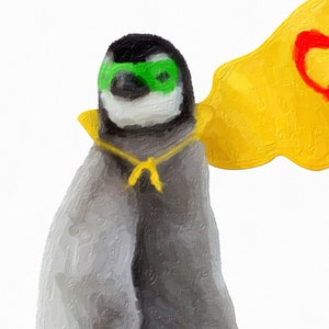 May include: A penguin wearing a green mask and a yellow cape with a red heart on it. The penguin is standing on a white background.