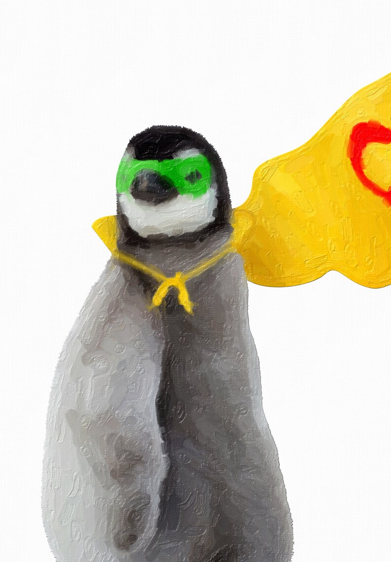 May include: A penguin wearing a green mask and a yellow cape with a red heart on it. The penguin is standing on a white background.