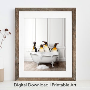 Adorable Emperor penguins in Tub Printable Wall Art | penguin Photo | penguin Art | Bathroom Art Print | Digital Download | color