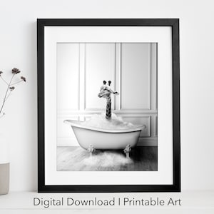 Cute baby Giraffe in Tub Printable Wall Art | Giraffe Photo | Giraffe Art | Bathroom Art Print | Digital Download