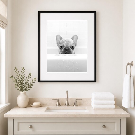 French Bulldog Bath Print | Funny Dog Bathroom Art (Digital Download)
