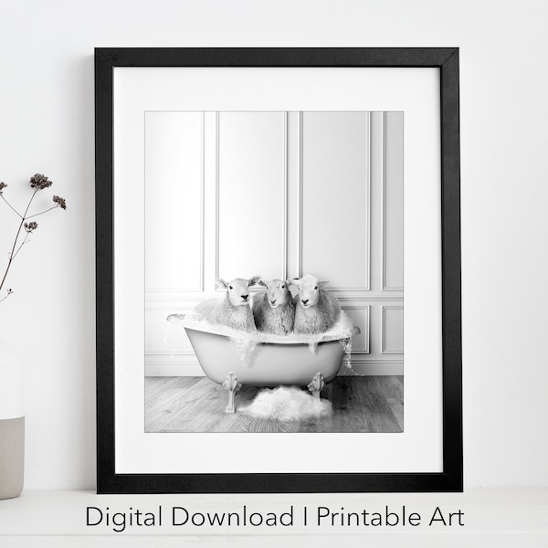 Adorable Sheep in Tub Printable Wall Art | Sheep Photo | Sheep Art | Bathroom Art Print | Digital Download | Black and white print