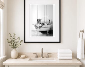 Lámina decorativa de baño con diseño de tigre majestuoso / Arte para baño en blanco y negro (Descarga digital)