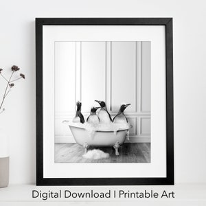 Adorable Emperor penguins in Tub Printable Wall Art | penguin Photo | penguin Art | Bathroom Art Print | Digital Download | black and white