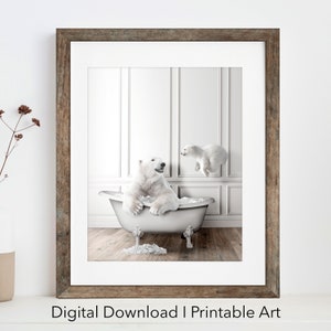 Adorable polar bears in tub printable artwork | instant download | polar bear print | Bathroom art print | Color