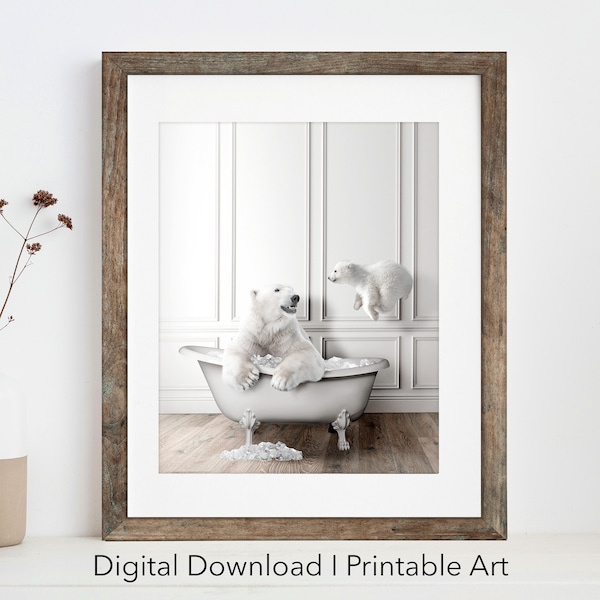 Adorable polar bears in tub printable artwork | instant download | polar bear print | Bathroom art print | Color