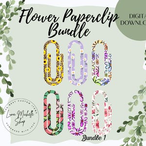 May include: A digital download bundle of six printable flower paperclip designs. The designs include floral patterns in pink, purple, yellow, and green.