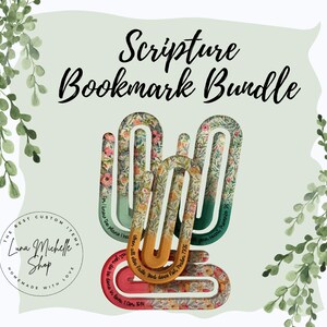 May include: A set of three floral patterned bookmarks with inspirational scripture quotes. The bookmarks are made of paper and have a green, yellow, and pink color scheme.