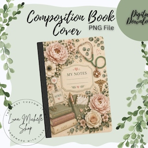 Puede incluir: Un archivo PNG digital de portada para cuaderno con diseño floral de peonías rosas, un estetoscopio, una insignia de enfermería, un bolígrafo y una pila de libros etiquetados como Dedication y Care. La etiqueta central dice My Notes.