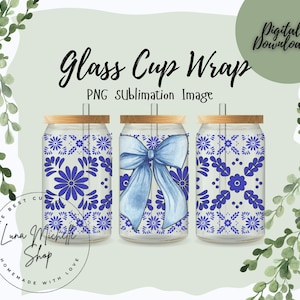 May include: Three glass cup wraps with wooden lids. The wraps feature blue floral patterns and a blue bow design. The text "Glass Cup Wrap" and "PNG Sublimation Image" are visible.
